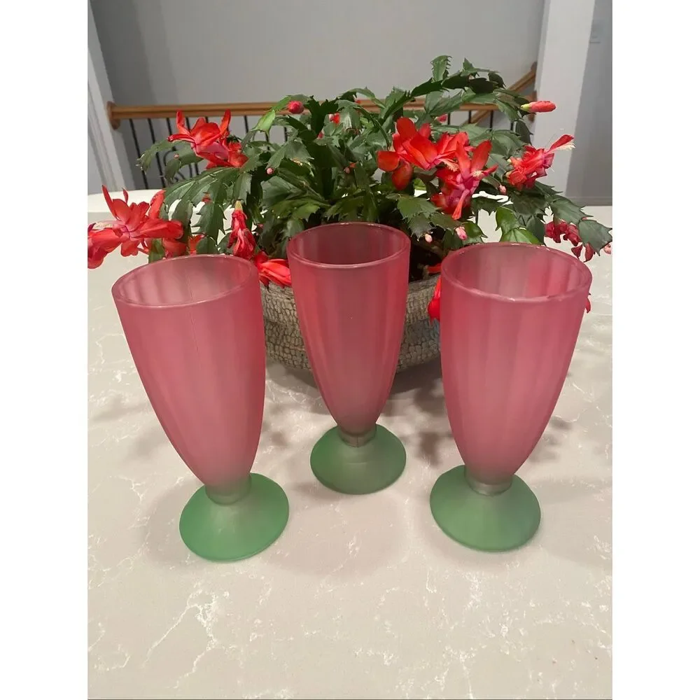 Vintage Libbey Ka-Dinks Parfait Glasses frosted pink bowl and green foot Set of